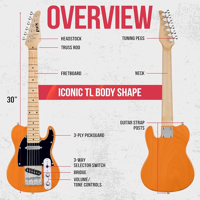 LyxPro 30” Electric Guitar TL Series, Full-Size Paulownia Wood Body, 3-Ply Pickguard, C-Shape Neck, Ashtray Bridge, Quality Gear Tuners, 3-Way Switch & Volume/Tone Controls, 2 Picks Included, Mahogany