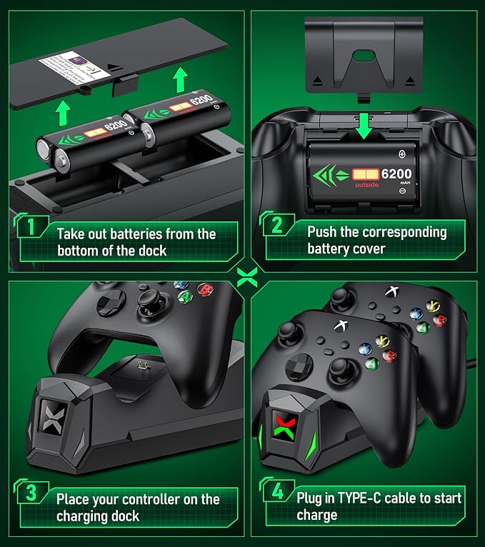 Controller Charger Station with 4x6200mWh Rechargeable Battery Compatible with One/Series X|S Controller | 4 Battery Covers, 2 for X1/X/S/Elite & 2 for Xbox Series S and X, Christmas Accessories