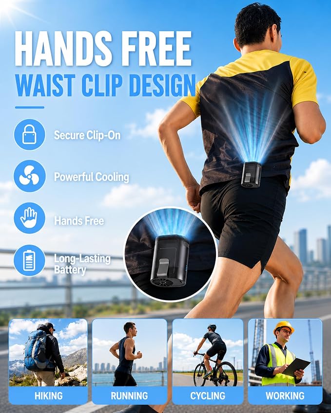 Portable Waist Fan, 13000RPM Personal Cooling Fan with 4 Adjustable Speed, 3000mAh Rechargeable Battery, Hands Free Clip On Fan for Outdoor Working Hiking Travel（F25）