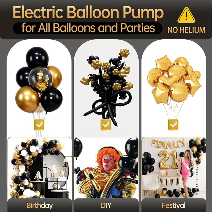 Bezente Balloon Pump Electric, 3-in-1 Portable Black Gold Electric Air Machine Balloon Pump Dual Nozzle Balloon Inflator for Inflatables and Latex 260q Foil Balloons