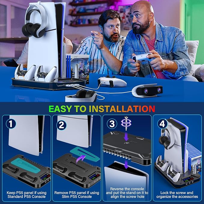 Cooling Station Console for Playstation PS5/Slim/Pro, Stand with Controller Charging Station for Playstation Console Playstation 5 Slim&Standard Disc/Digital Console, Cooler Accessories for PS5 Incl Cooling Fan/3 USB Hubs