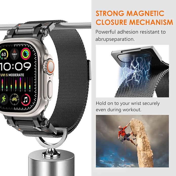 WINGLE Milanese Loop for Apple Watch Band Ultra 3/2/1 Band Ultra 49mm Series 11 10 46mm 45mm 44mm SE 3/2/1 Series 9 8 7 6 5 4 3 Men Women,Parachute-Style Buckle Stainless Steel Mesh Metal iWatch Bands