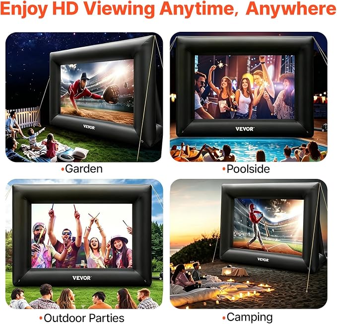 VEVOR Inflatable Projector Screen for Outdoor Use with 350W Air Blower, Oxford Fabric Material, Supports Front/Rear Projection,Black