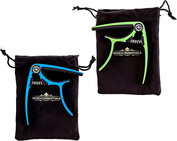 Guitar Capo (2 Pack) for Acoustic Guitars, Ukulele, Banjo, Mandolin, Bass - Made of Ultra Lightweight Aluminum Metal (1.2 oz!) for 6 & 12 String Instruments - Nordic Essentials (Green+Blue)