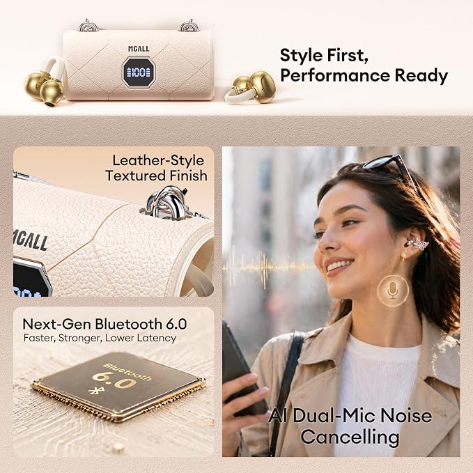 Clip On Earbuds with Detachable Gold Butterfly Earrings, Bluetooth 6.0 Open Ear Earbuds for Women, Led Display Leather Texture Charging, Comfortable Fit for Small Ear, Daily Wear&Gifts, X22 Beige
