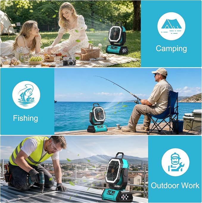 Honesorn Portable Rechargeable Fan 20000mAh, Camping Fan with LED Light & Remote, USB C Cordless Battery Powered, 4 Speeds Timer Hanging Hook for Travel Tent Outdoor Essentials - Blue