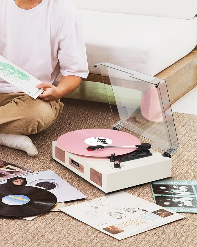 Vinyl Record Player Vintage Wireless Bluetooth Record Player with Stereo Speakers, USB/TF Card Recording, LP Player with 3 Speed Belt Drive Turntable Support RCA Line-Out AUX Input EQ,White& Rose Gold