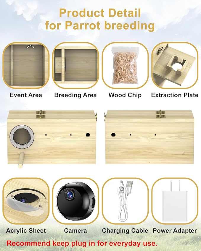 Parakeet Nesting Box,Bird House with Camera,Natural Bird Nest Box with 1080P Wi-Fi Camera, Visual Breeding Record for Pet Bird Budgies, Parrots, Finches, Canaries