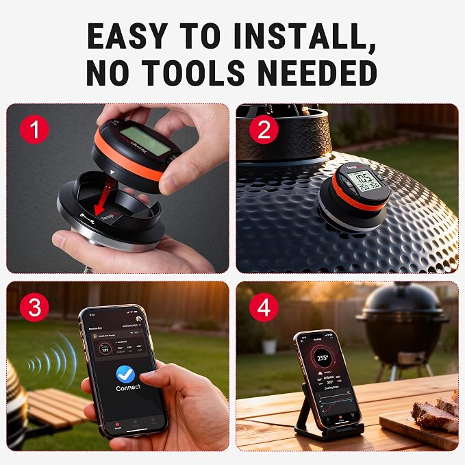 TempPro Bluetooth Grill Thermometer with LCD Display & App Alerts, 500FT Wireless Universal Temperature Gauge for Smoker, Kettle, Kamado, Pellet, Gas Grills-2 Mounting Kits Fit Most Lid Holes