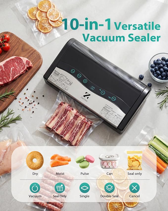 Vacuum Sealer for Food, 90kPa Auto Lock Food Sealer Machine, with Bag Rolls | Hands-free Auto Lock, 80+ Bags Continuous Sealing, 8mm Double Heat Seal for Moist Foods, Built in Cutter & Roll storage