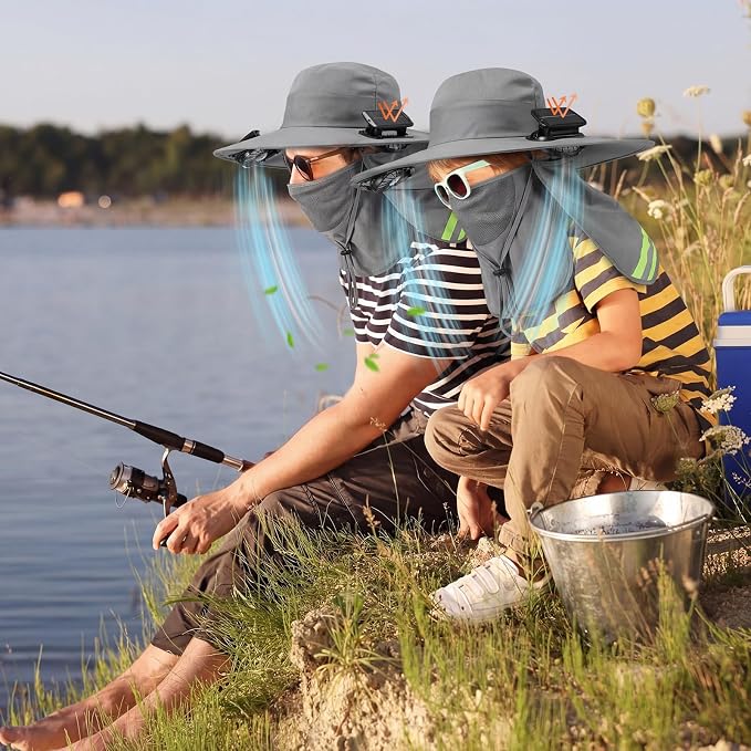 Sun Hat with Fan for Women Men Wide Brim Fishing Solar Hat with Face Cover Neck Flap Reflective with Dual Power
