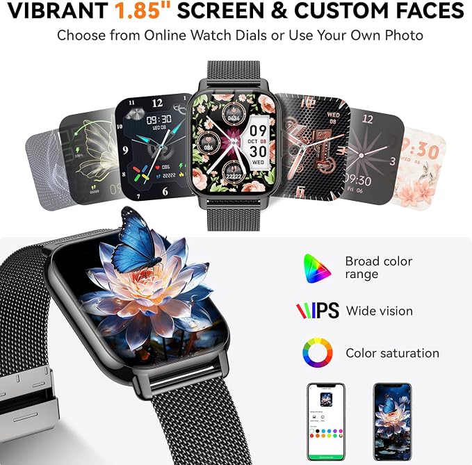 Smart Watch for Women (3 Bands), 1.85'' HD Fitness Tracker with Bluetooth Calls, IPX8 Waterproof Smartwatch for Android iPhone, 112+ Sport Modes, Heart Rate & Breathing Rate Sleep Monitor, Black
