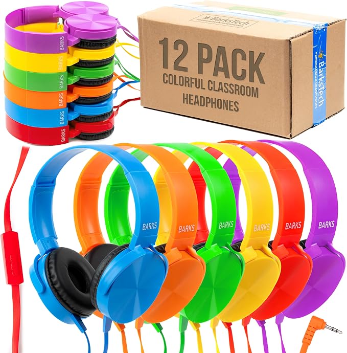 Barks Classroom Headphones with Microphone (Colorful, 12 Pack) - Wired 3.5mm On-Ear Bulk Headphones for Classroom: Best for Students K-12 Schools (Durable, Inline Microphone, Great Recording Quality)