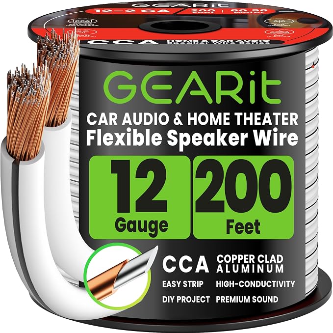 GEARit 12 Gauge Speaker Wire Cable 200 ft,White Speaker Wire with Foot Markers & Polarity Markings,12 Gauge Wire for Car Audio & Home Theater Speakers,Audio Cable for DIY Installations,CCA