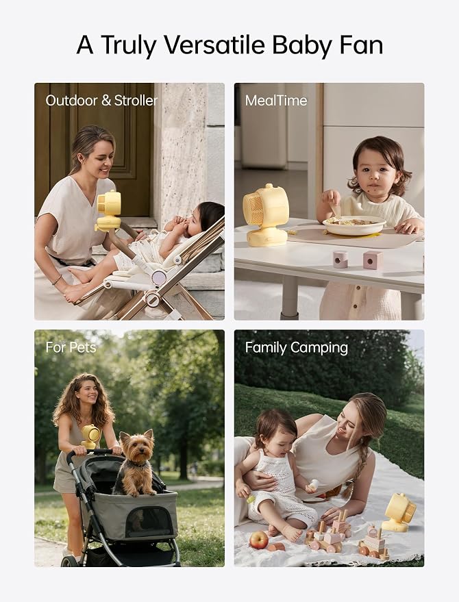 JISULIFE Chic Stroller Fan 2026-Baby Cool Helper: Smart 120° Auto Oscillation with 100 Speeds, 21H Super-Long Battery, Portable Baby Fan for Crib, Stroller & Bedroom, Gift for Moms-Yellow(Clip)