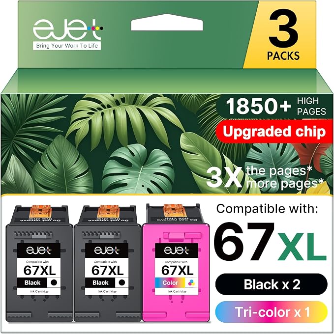 67XL 67 ink 3-Pack Compatible for HP Ink 67 Combo Pack Works with HP Deskjet 2700 2700e 2755 2755e 2855e 2800e 2852e 2827e 4100e 4155e 4227e 4255e Envy 6055e 6455e Series (2 Black 1 Color) | 3YP30AN