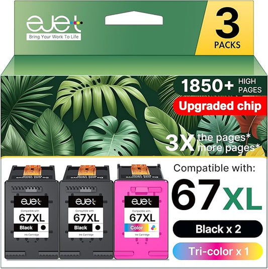 67XL 67 ink 3-Pack Compatible for HP Ink 67 Combo Pack Works with HP Deskjet 2700 2700e 2755 2755e 2855e 2800e 2852e 2827e 4100e 4155e 4227e 4255e Envy 6055e 6455e Series (2 Black 1 Color) | 3YP30AN
