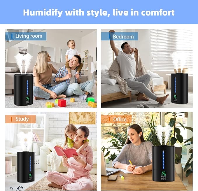 Coolfiqu 6L Humidifiers for Bedroom Large Room Home,Cool and Warm Humidifier for Baby and Plants Hot Mist Top Fill Desk Humidifiers Oil Diffuser,Quiet,Adjustable Mist,360°Nozzle-Black(2026 Upgraded)