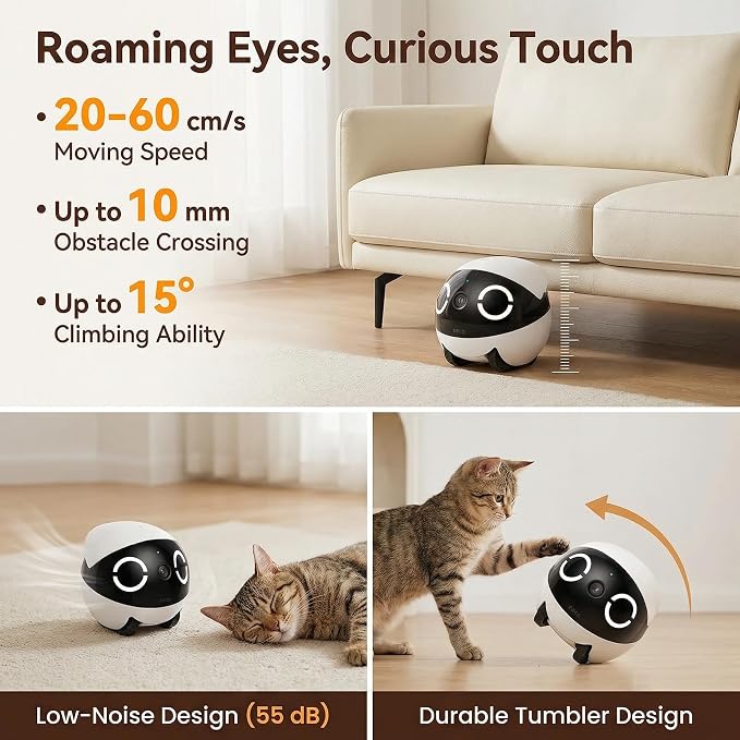 Mini Pet Camera Robot - Enabot EBO ROLA 2K HD Indoor Movable Camera with 5000mAh Battery, Two-Way Talk, Night Vision, Motion Detection, One-Touch Call for Pet Monitoring & Family Companion