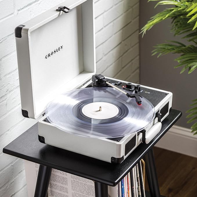 Crosley CR8005DP-WF Cruiser Plus Vintage 3-Speed Bluetooth in/Out Suitcase Vinyl Record Player Turntable, White Farmhouse