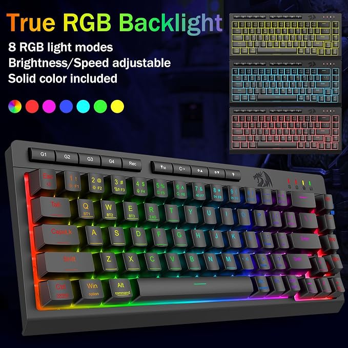 Redragon Wireless Gaming Keyboard, Bluetooth/2.4GHz/USB-C Wired, RGB Backlit, Portable 60% Mini Quiet Macro Membrane Keyboard, Rechargeable 4000mAh Battery, Anti-Ghosting for Win/MAC