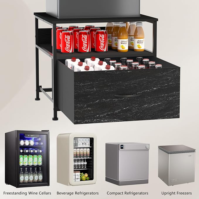 Unionly180 lb Mini Fridge Table with Drawer Fridge Shelf, Mini Fridge Cabinet with Storage,Heavy Duty Fridge Stand with Charging Station, 4 Adjustable Feet for Home Kitchen (Black)