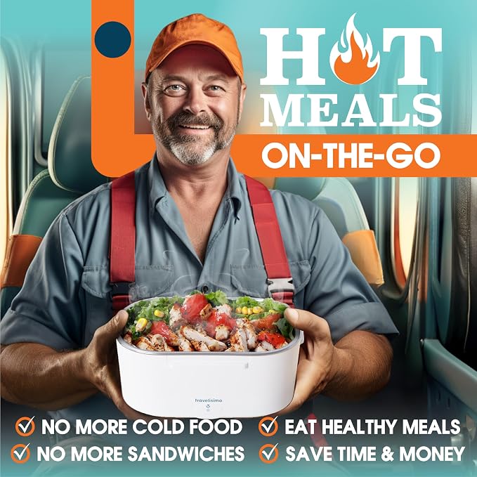 TRAVELISIMO Electric Lunch Box for Adults 100W Heated Lunch Box For Men 1.5L Stainless Steel Portable Food Warmer, 12/24/110V for Travel & Work, Loncheras Electricas Para Calentar Almuerzo