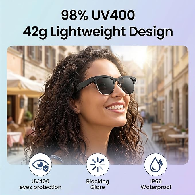 AI Smart Camera Glasses, 1080P HD POV Video Recording and Translator, Object Recognition, Bluetooth Audio for Music Calls, 290mAh Battery, Photochromic Lenses for Vlog, Travel and Work