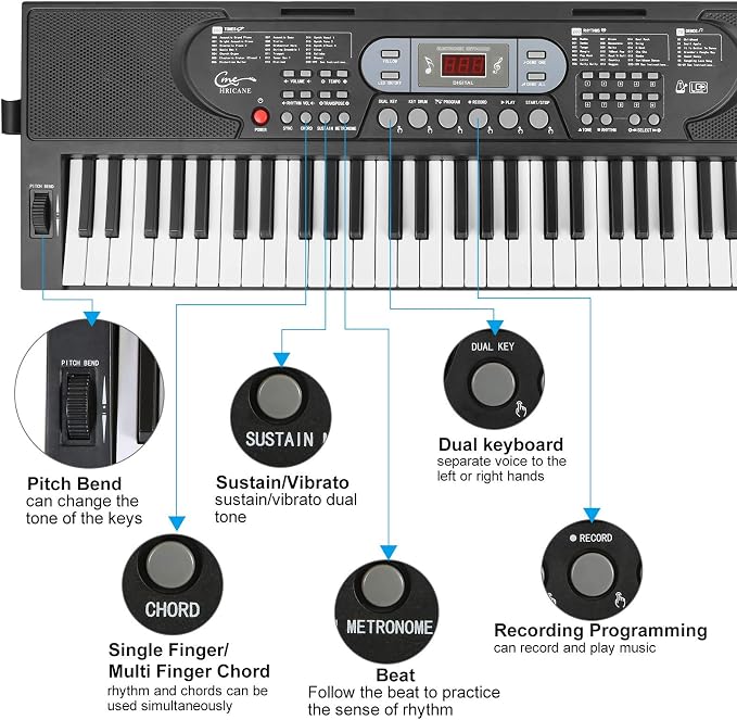 Keyboard Piano Lighted Keys for Beginner Adults Teens Kids, 61 Key Electronic Music Keyboard with Teaching Modes Powered by USB or Battery with LCD Display Microphone Headphone Jack