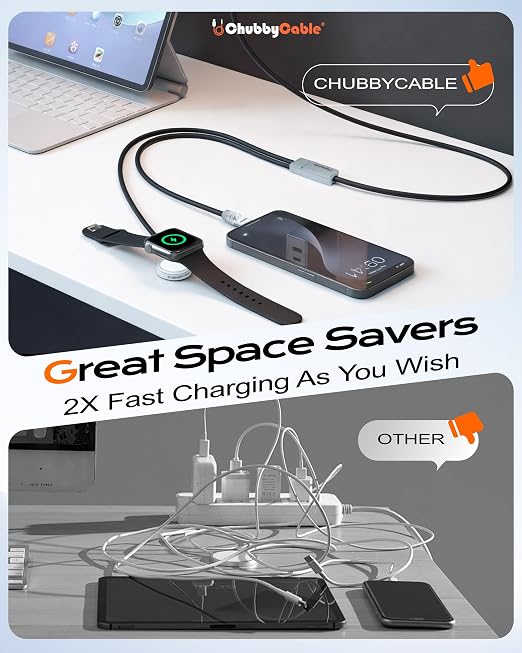 chubbycable Duo-Core Flex 2-in-1 USB C Cable 100W Fast Charging 5W [40Mins 80%] Magnetic Apple Watch Charger 4FT Soft Silicone Compatible with iWatch, iPhone, iPad, MacBook, AirPods, Black
