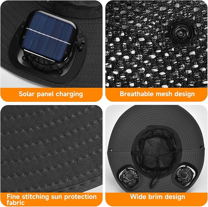 Fishing Hat with Built in Fan, Wide Brim Solar Fan Hat Outdoor Fishing, Solar & USB Charging Sun Bucket Hats for Men Women