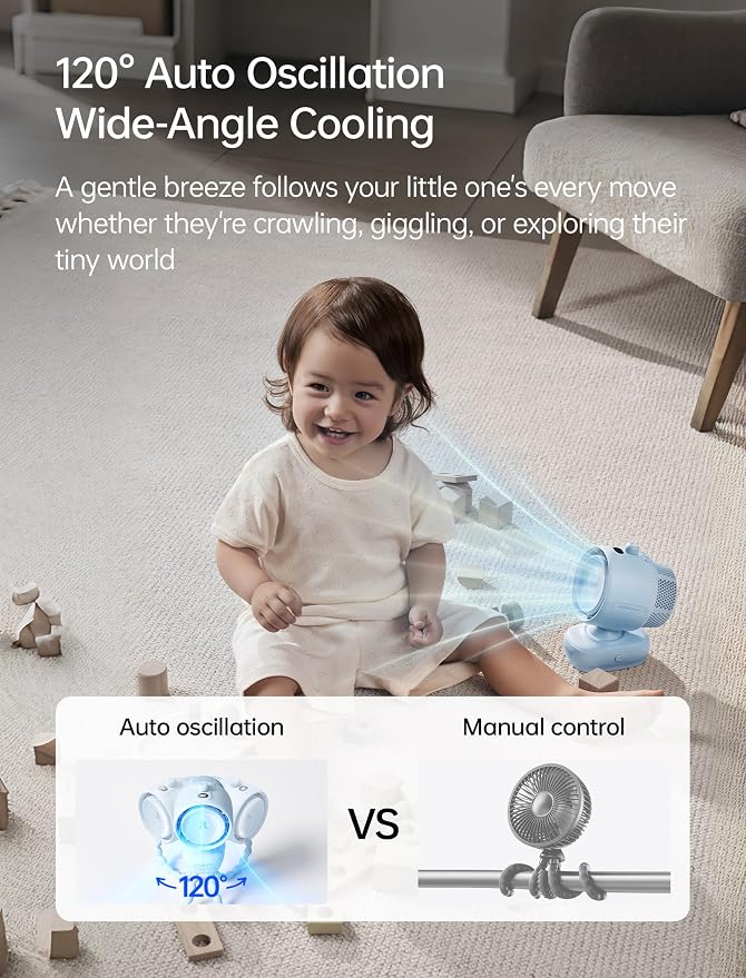 JISULIFE Chic Stroller Fan 2026-Baby Cool Helper: Smart 120° Auto Oscillation with 100 Speeds, 21H Super-Long Battery, Portable Baby Fan for Crib, Stroller & Bedroom, Gift for Moms-Blue(Clip)