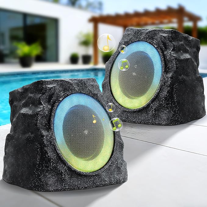 MIKK 2 Pack Solar Rock Speakers Outdoor Waterproof Patio with Lights Color,Multi-Sync Up to 100 Speakers Pairing Solar Powered Rock Speaker Rechargeable for Pool Party Yard Outside