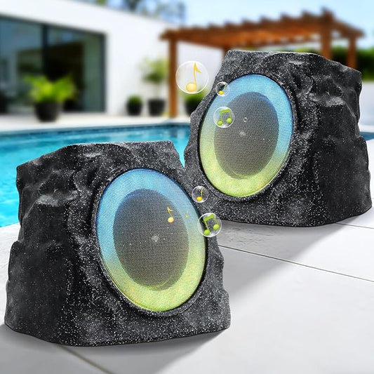 MIKK 2 Pack Solar Rock Speakers Outdoor Waterproof Patio with Lights Color,Multi-Sync Up to 100 Speakers Pairing Solar Powered Rock Speaker Rechargeable for Pool Party Yard Outside