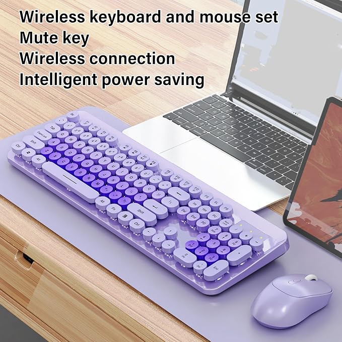 Wireless Keyboard and Mouse Combo, 2.4GHz Plug and Play with Retro Typewriter Style Round Keycaps, 104 Keys with Numeric Pad, for PC Laptop Desktop (Purple)