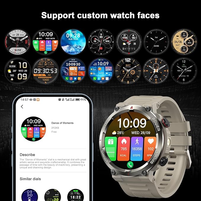 Military Smart Watch for Men-100-Day Long Battery Life,Fitness Tracker with LED Flashlight/Compass,120+ Sports Modes,IP68 Waterproof,Heart Rate Monitor,Bluetooth Call Smartwatch for iOS Android(Khaki)