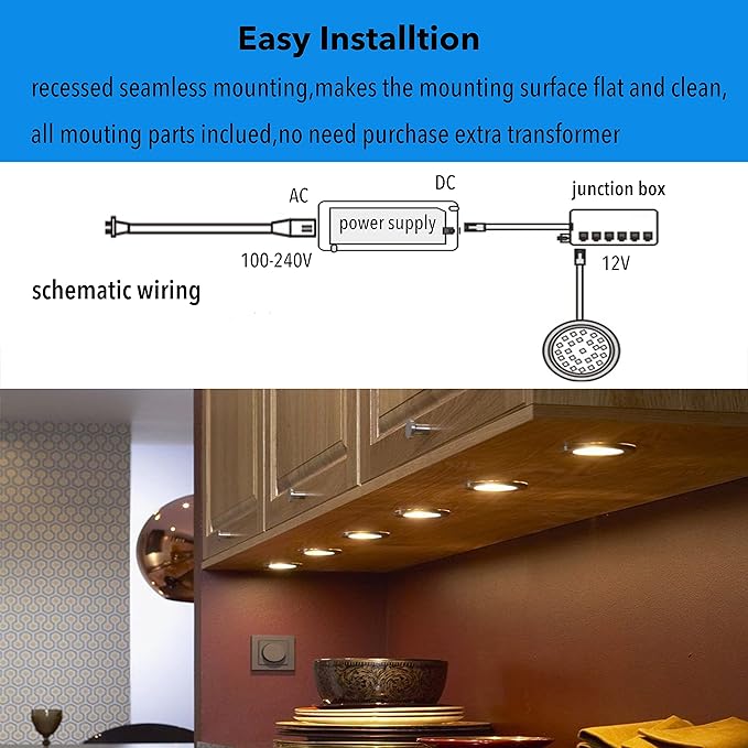LED Puck Lights Wired Recessed Under Cabinet Lighting Dimmable,2.4In Cutout Halogen Bulb Retrofit,12V Under Counter Light Fixtures for Kitchen,Shelf Lamp,3000K Warm White Round Cabinet Lights,3pcs