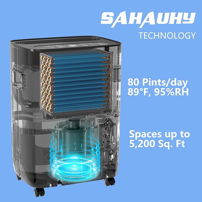 SAHAUHY 80 Pints Dehumidifier for Basement,5,200 Sq. Ft Dehumidifier | With Timer Automatic Defrosting Drain Hose Water Tank for Home Bedroom Garage Basement Stockroom and Large Room