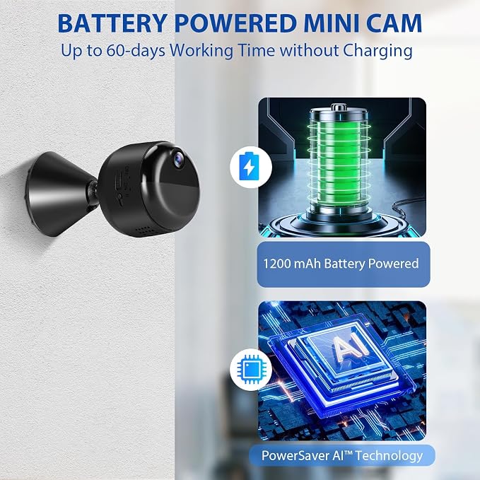 Mini Camera, 1080P Wireless Indoor Security Camera, Upgraded 60-Days Battery Life, Auto Night Vision, PIR Motion Detection, Support 5G Wi-Fi, Remote Viewing for Baby Pet Monitoring and Home