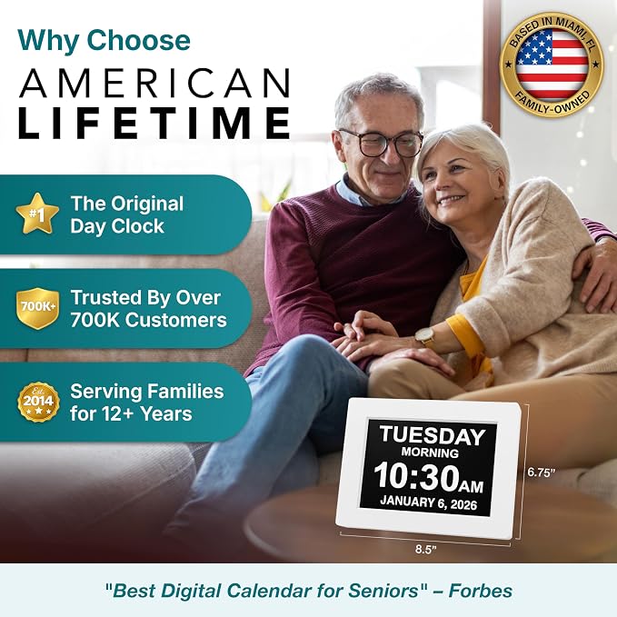 American Lifetime 【New 2026】 Dementia Digital Clock for Seniors, Large Display with Custom Alarms, Clock with Day & Date for Elderly, Large Number Digital Clock White