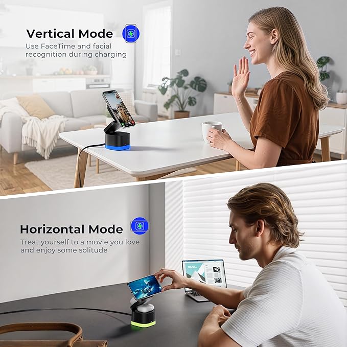 5 in 1 Magnetic Wireless Charger Stand with Night Light, Foldable Wireless Charging Station Built-in Retractable Cable, Fast Wireless Charger for iPhone 17/16/15/14/13/12, Apple Watch, AirPods Pro 3
