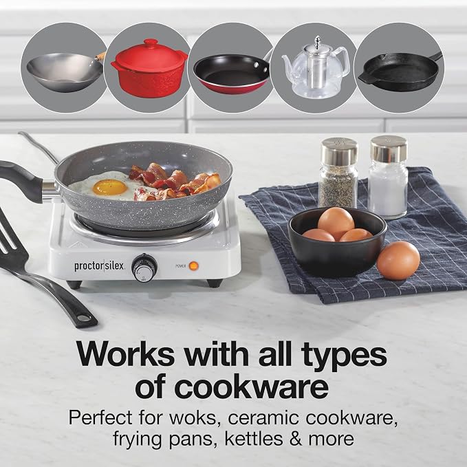Proctor Silex Portable Electric Stove, Cast Iron Single Burner Cooktop, Compact, Adjustable Temperature Hot Plate, 1000 Watts, White (34107)