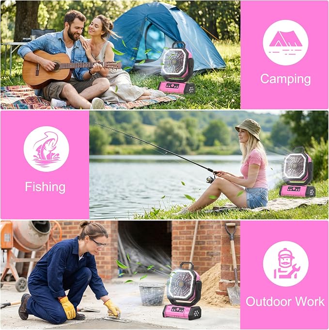 Honesorn Portable Fan Rechargeable 20000mAh, Camping Fan with LED Light & Remote, USB C Cordless Battery Powered, 4 Speeds Timer Hanging Hook for Travel Tent Outdoor Essentials - Pink