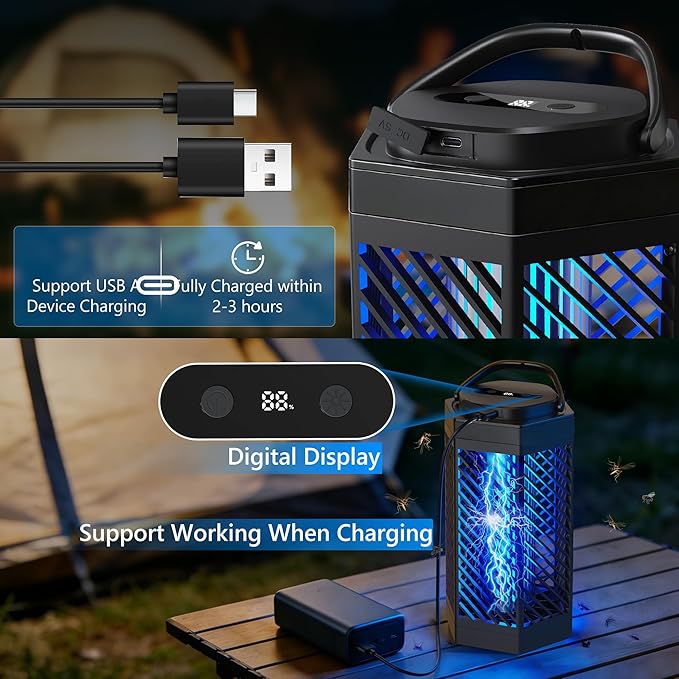 Rechargeable Bug Zapper Outdoor Indoor, 8000mAh Electric Mosquito Zapper with LED Night Light, 2 in 1 Portable & Cordless Bug Zapper Outdoor Waterproof, Wireless Hanging Fly Zapper for Camping Patio