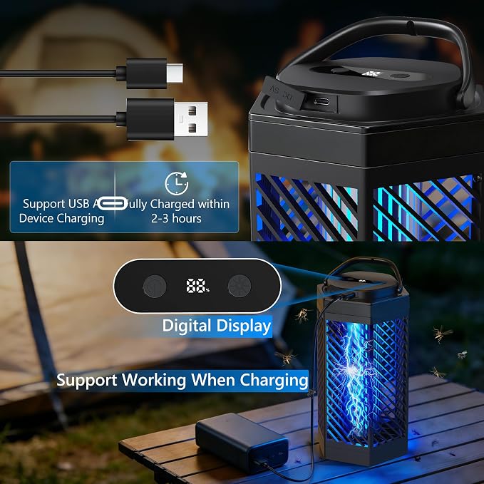 Bug Zapper Outdoor Indoor, 2 in 1 Rechargeable Mosquito Zapper with 8000mAh Battery and LED Light, USB Charging Electric Fly Zapper, Portable Fly Trap Mosquito Killer for Patio Backyard, Garden