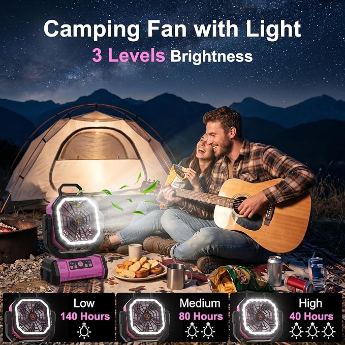Honesorn Portable Fan Rechargeable 20000mAh, Camping Fan with LED Light & Remote, USB C Cordless Battery Powered, 4 Speeds Timer Hanging Hook for Travel Tent Outdoor Essentials - Pink