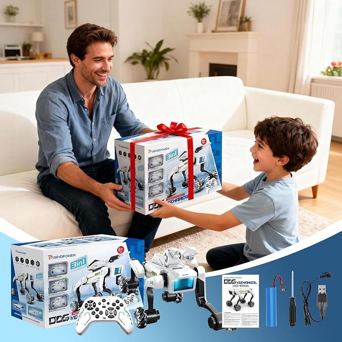 3 in 1 Robot Dog Building Kit for Kids Ages 6-12, Voice & Remote Control Robotic Pet, 30+ Bionic Actions, 25m Range, Programmable STEM Toy with Claw & Cannon