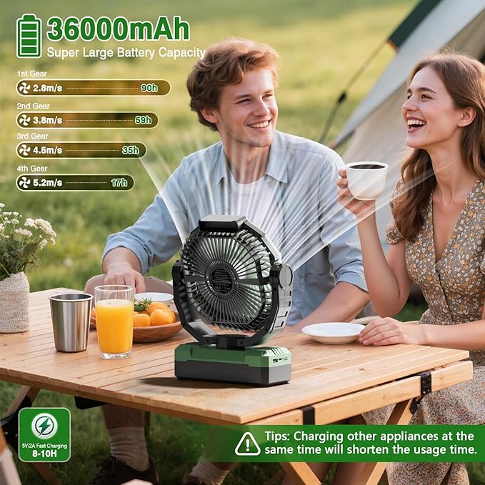 FRIZCOL 3-in-1 Camping Fan - Portable Fans Rechargeable - 36000mAh Battery Powered Fan with Light & Remote for Indoor, Outdoor, Tent, Travel, Fishing, Jobsite, Gifts for Men Dad Him - Green