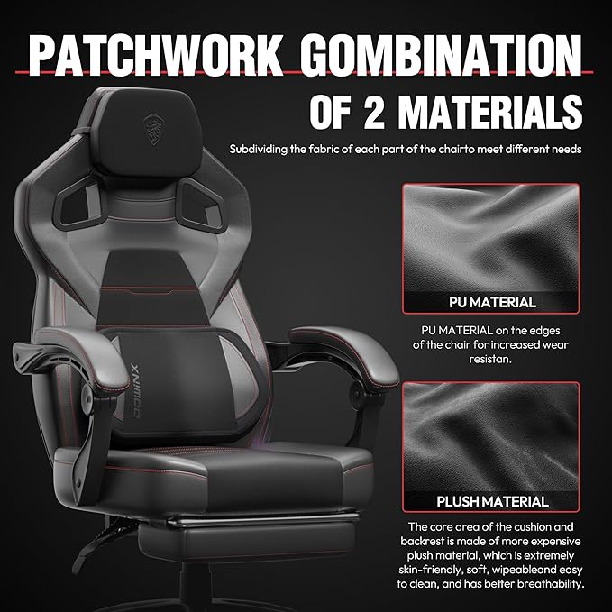 Dowinx Fabric Gaming Chair with Footrest, 350lb Big and Tall Gamer Chair, Wide Seat Ergonomic Computer Chair with Lumbar Massage Support, Wide Back Office Chair for Heavy People, Black