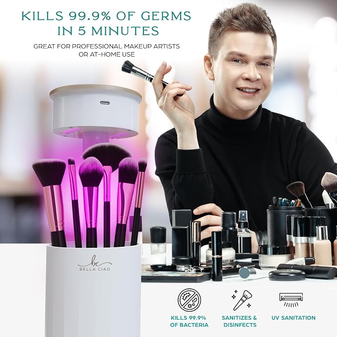 Bella Ciao Makeup Brush UV Sanitizer – Kills 99.9% of Germs, Disinfects Brushes, Rechargeable Electric Makeup Brush Cleaner Machine, Safety Shutoff, Great for Makeup Artists, Home Use